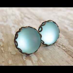 Vintage Glowing Matte Glass Pale Blue Stud Earrings